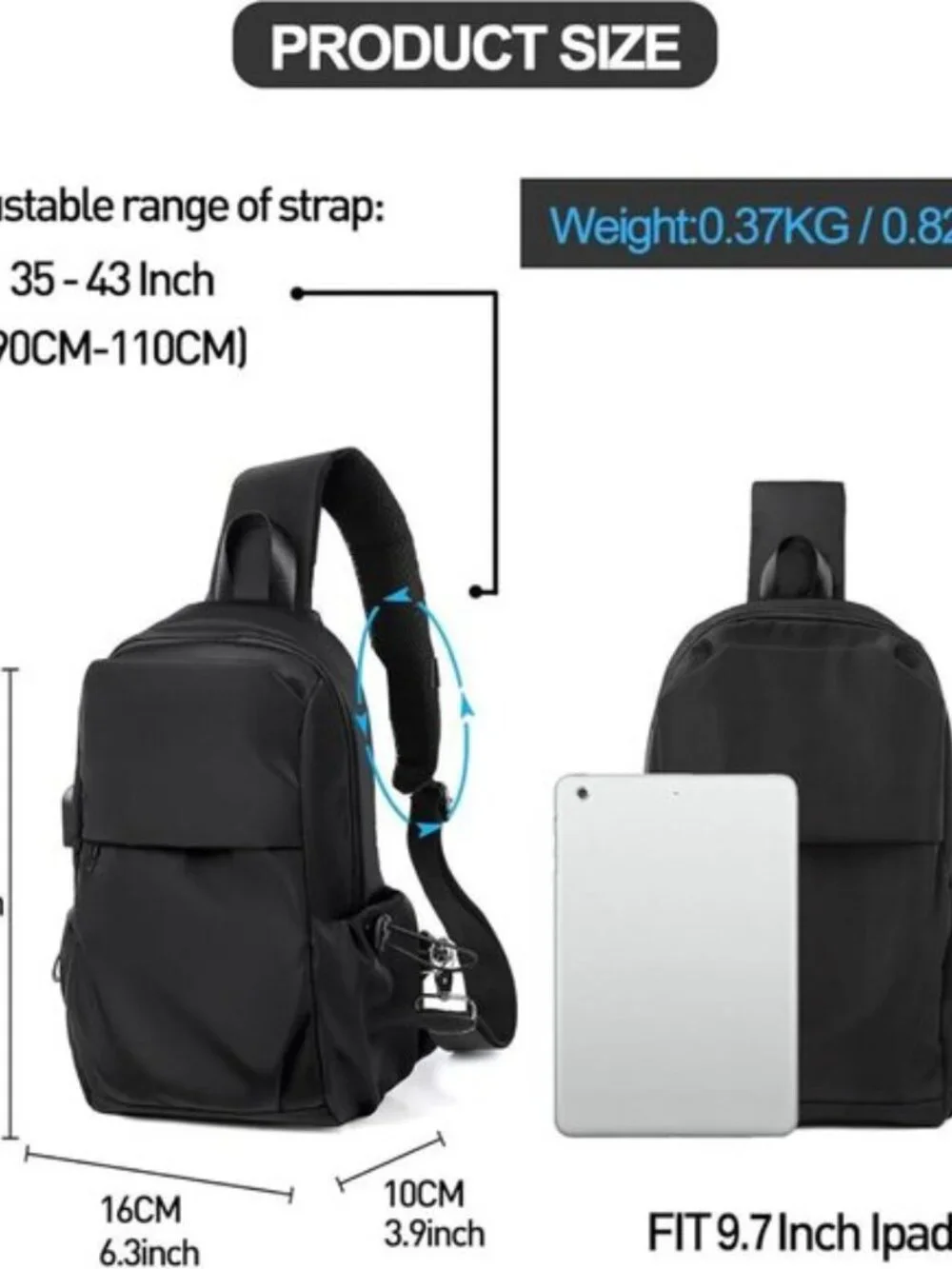Men's Black Lightweight Hiking Sling Backpack Waterproof Crossbody Bag